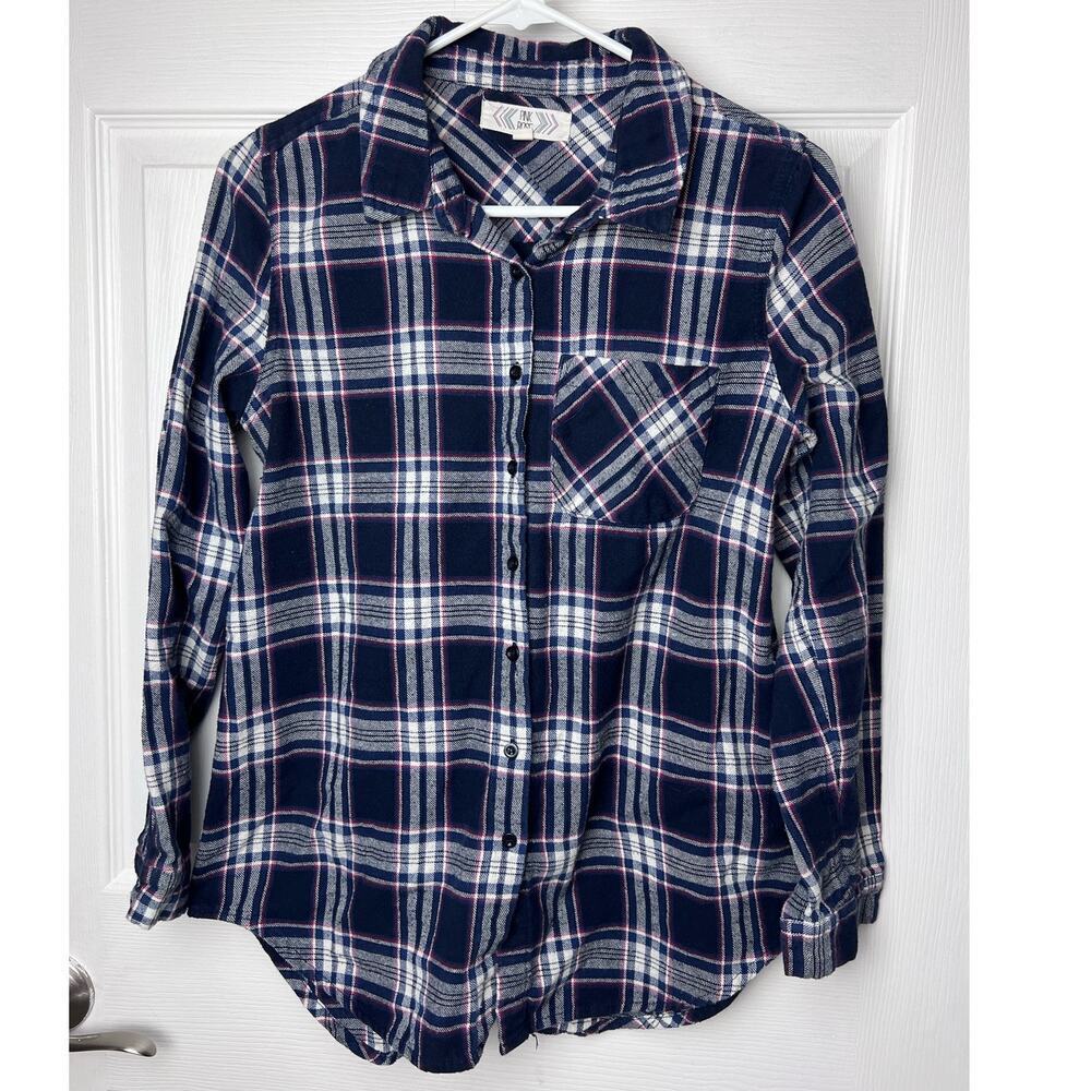 Pink Rose Plaid Flannel Long Sleeve Button Up Shirt Women's Size M